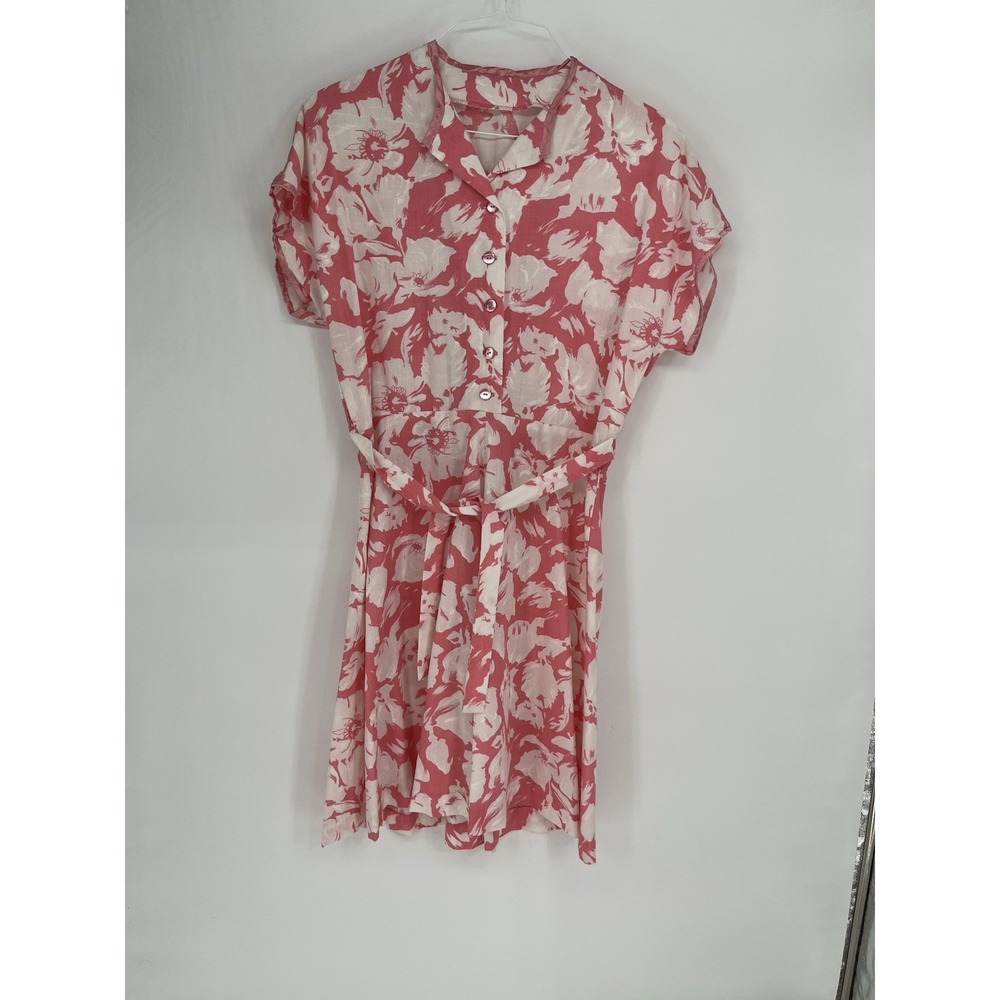 Vtg Handmade Pink Patterned Button Front Dress Satin Trim Back elastic no size
